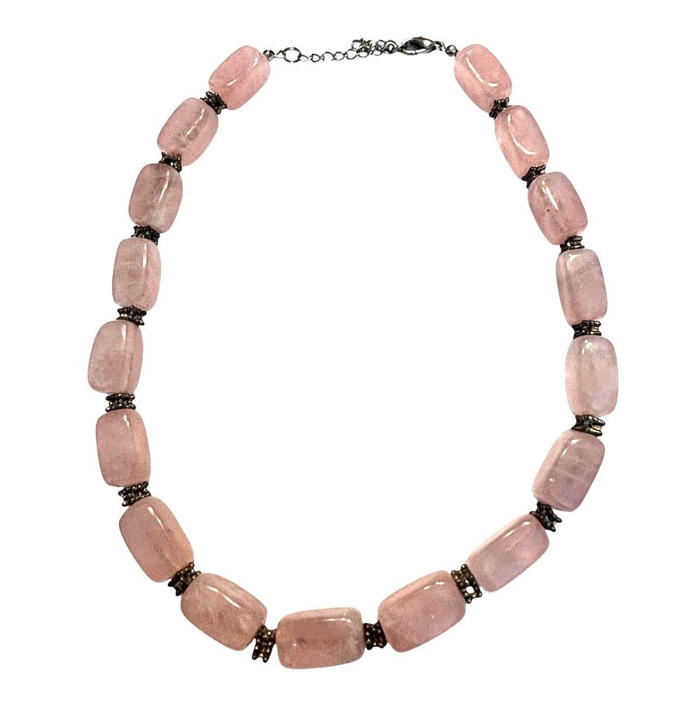 Chunky pink rose quartz beaded choker necklace silver spacers romantic feminine